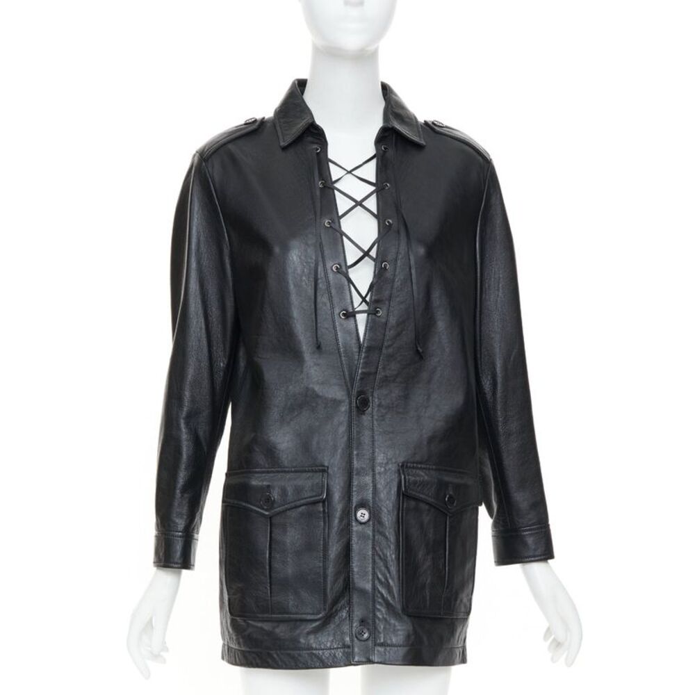 Saint Laurent 2018 Black Leather Lace Up Safari Dress